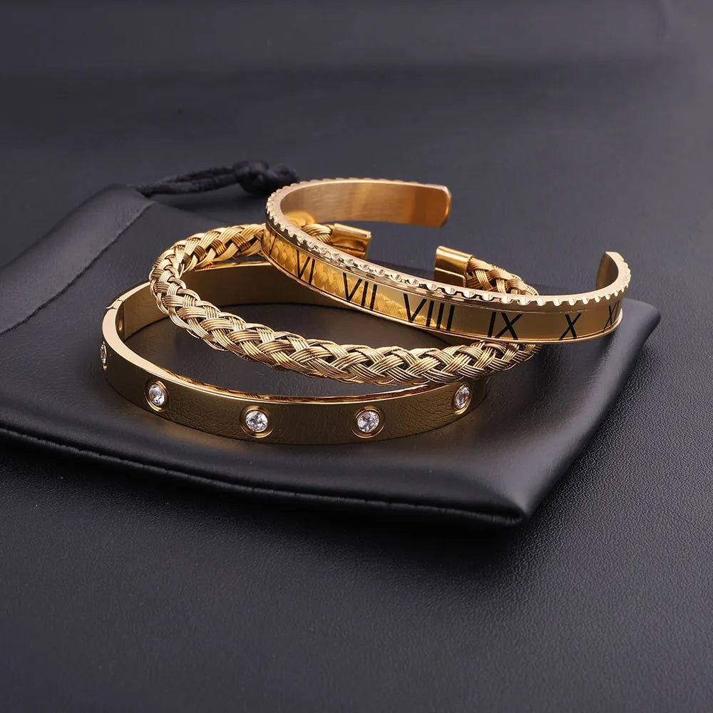 High Quality Luxury 316L Stainless Steel Roman Diamond Cuff Bangle Bracelet Set