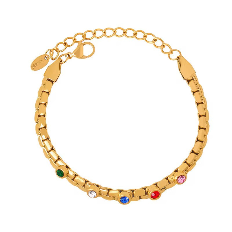 18k Gold Plated Stainless Steel Flat Chain Colorful Zircon Charm Bracelet