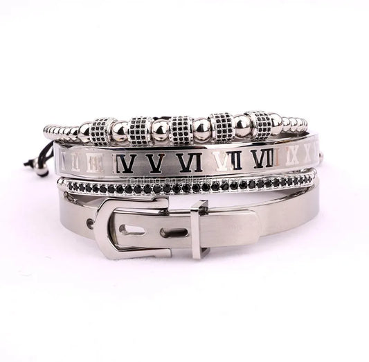 luxury CZ crown charm stainless steel belt bangle macrame bracelet set for men women