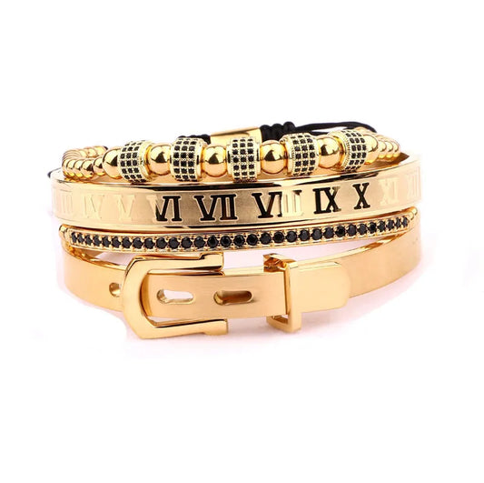 luxury CZ crown charm stainless steel belt bangle macrame bracelet set for men women