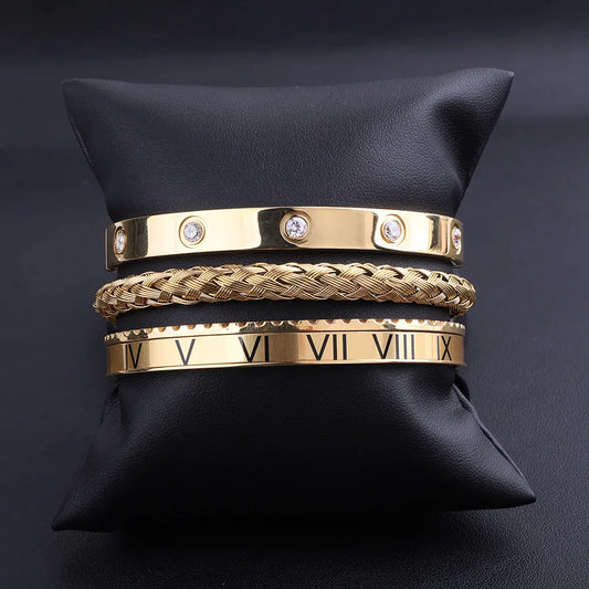 High Quality Luxury 316L Stainless Steel Roman Diamond Cuff Bangle Bracelet Set