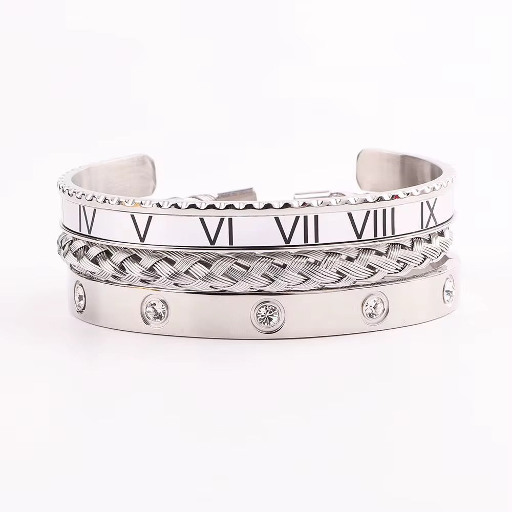 High Quality Luxury 316L Stainless Steel Roman Diamond Cuff Bangle Bracelet Set
