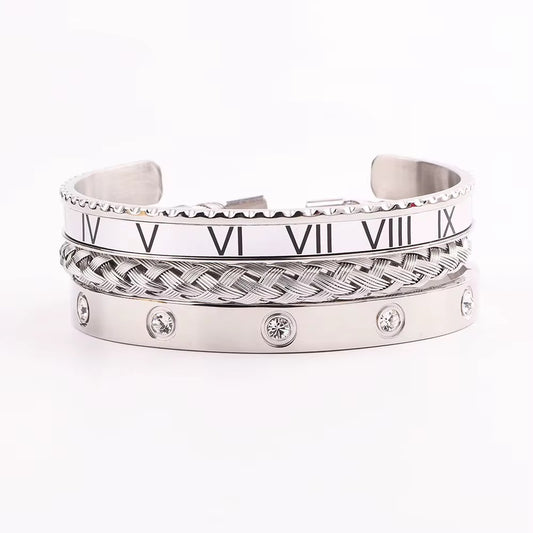 High Quality Luxury 316L Stainless Steel Roman Diamond Cuff Bangle Bracelet Set