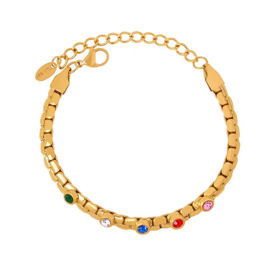 18k Gold Plated Stainless Steel Flat Chain Colorful Zircon Charm Bracelet