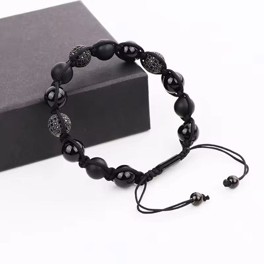 10mm Natural Stone CZ Ball Braided Adjustable Bracelet Men