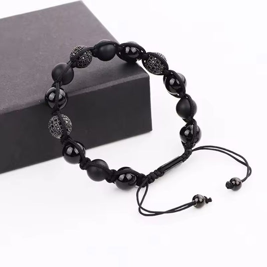 10mm Natural Stone CZ Ball Braided Adjustable Bracelet Men