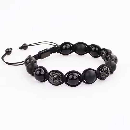 10mm Natural Stone CZ Ball Braided Adjustable Bracelet Men